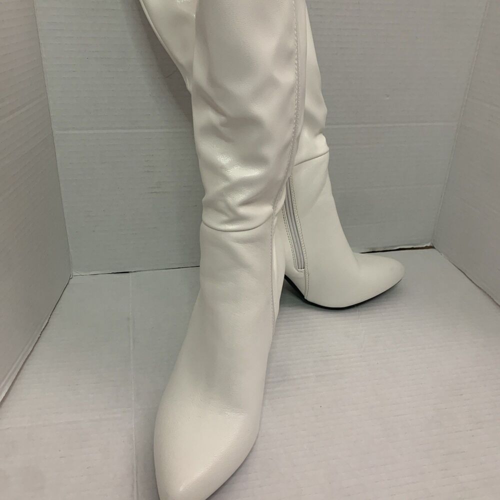 Womens Pointed Toe Zip Up Formal Chunky High Heel Knee High Boots - Picture 4 of 8